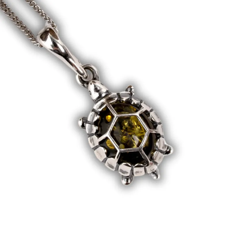 Tortoise Necklace in Silver and Green Amber sold by Henryka