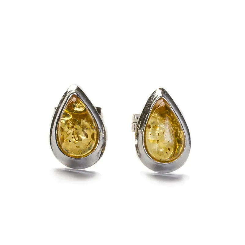 Teardrop Stud Earrings in Silver and Yellow Amber sold by Henryka