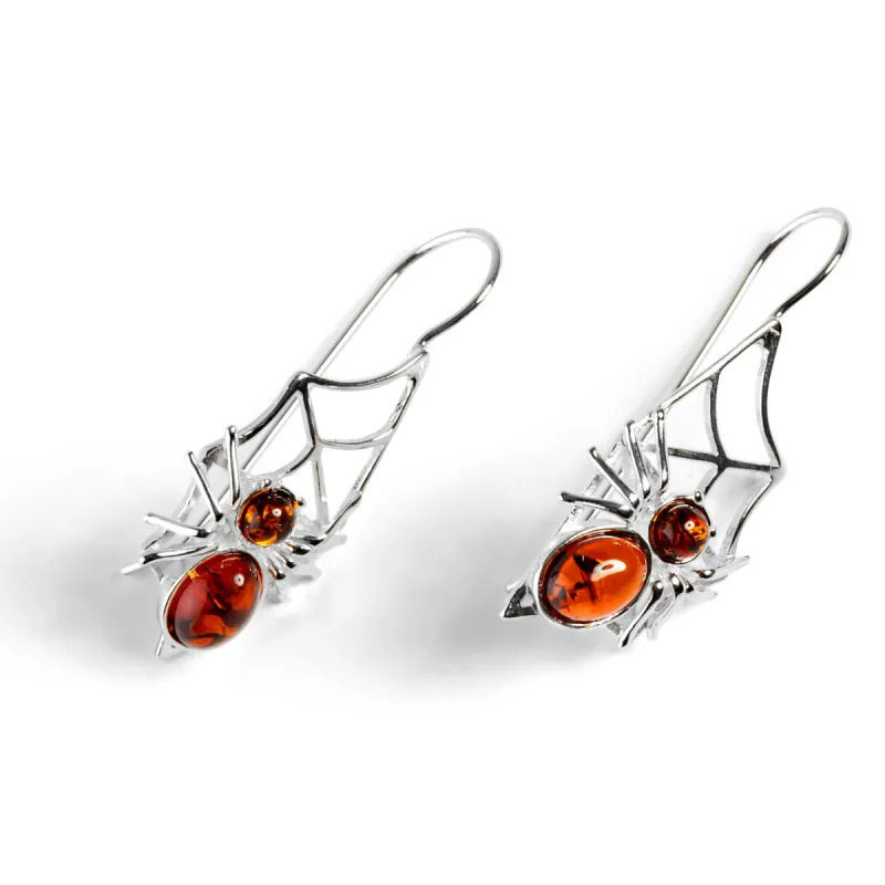 Spider on Web Hook Earrings in Silver and Amber sold by Henryka