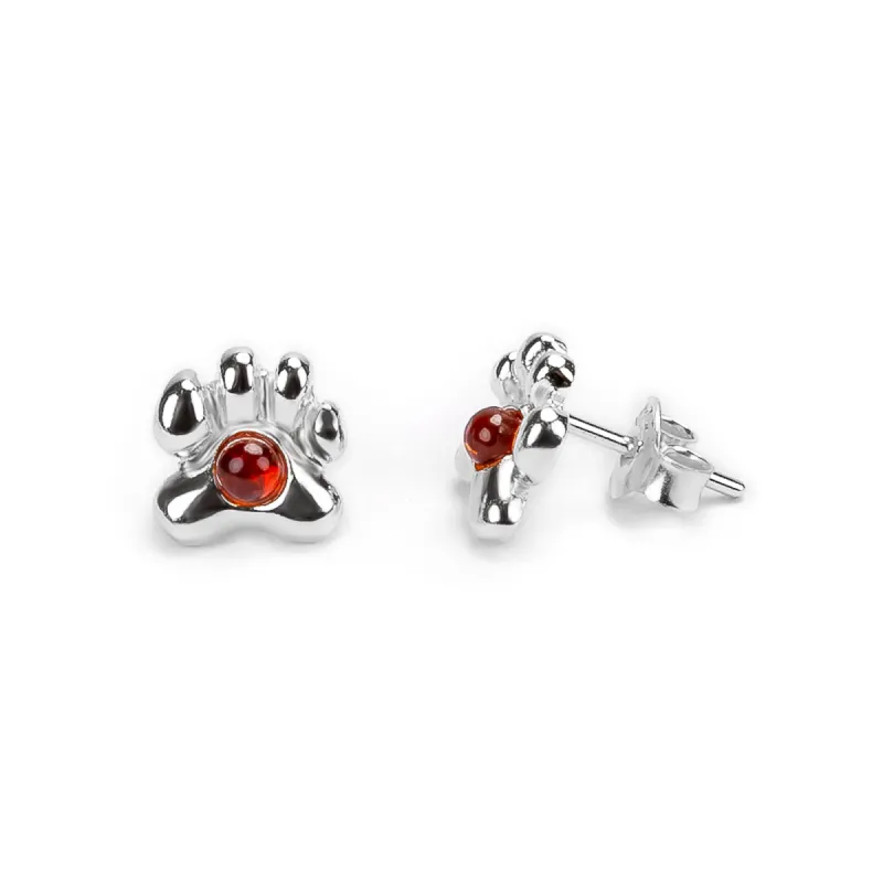 Paw Print Stud Earrings in Silver and Amber sold by Henryka