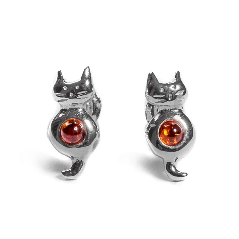 Sitting Cat Stud Earrings in Silver and Amber sold by Henryka