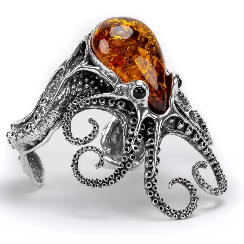 Handmade Striking Octopus Bangle in Silver and Amber made by Henryka