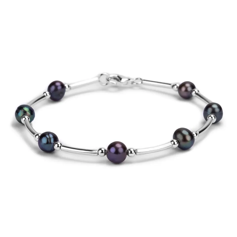 Bead Tube Bangle in Silver and Black Pearl sold by Henryka