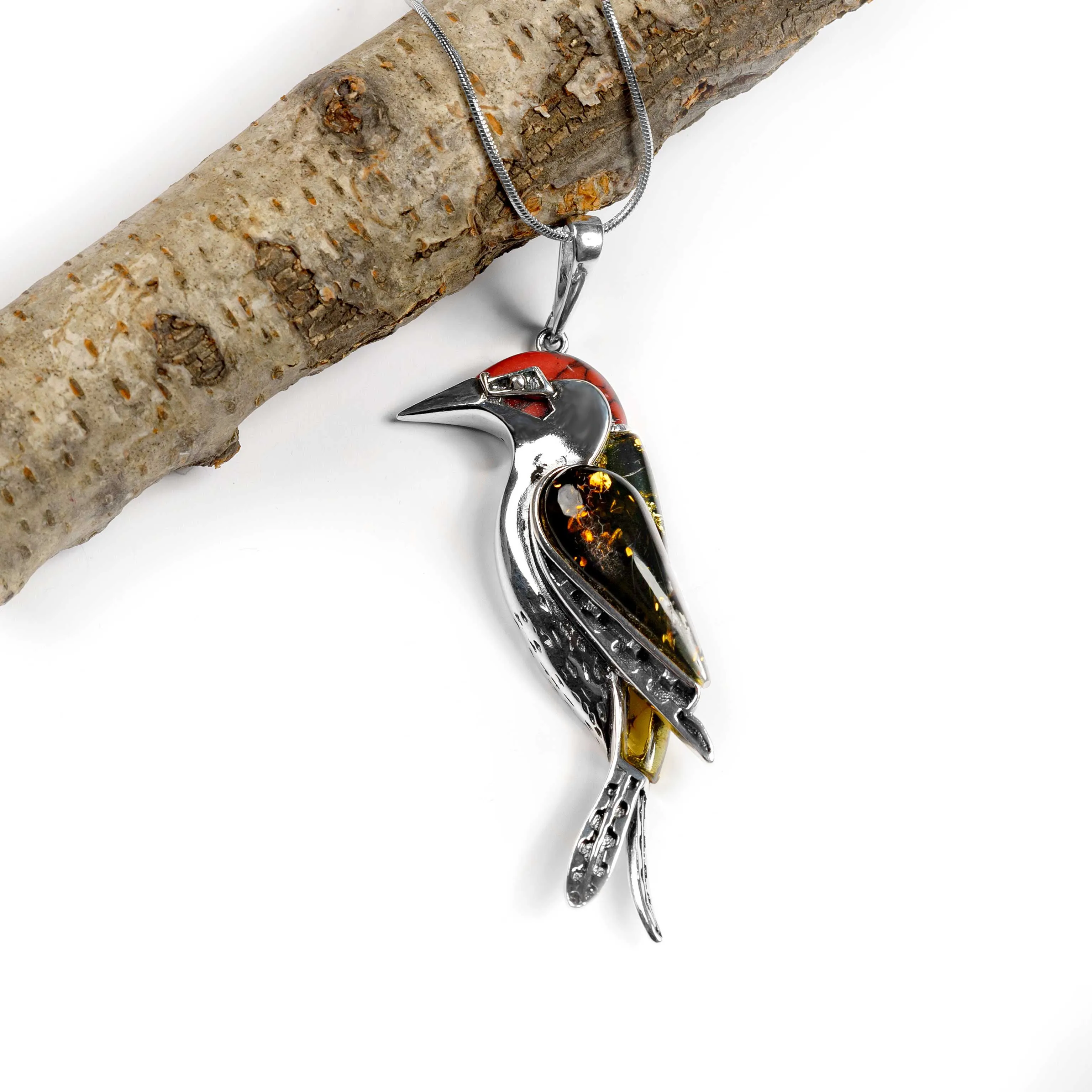 Small Woodpecker Bird Necklace in Silver, Coral and Amber sold by Henryka product image thumbnail 4