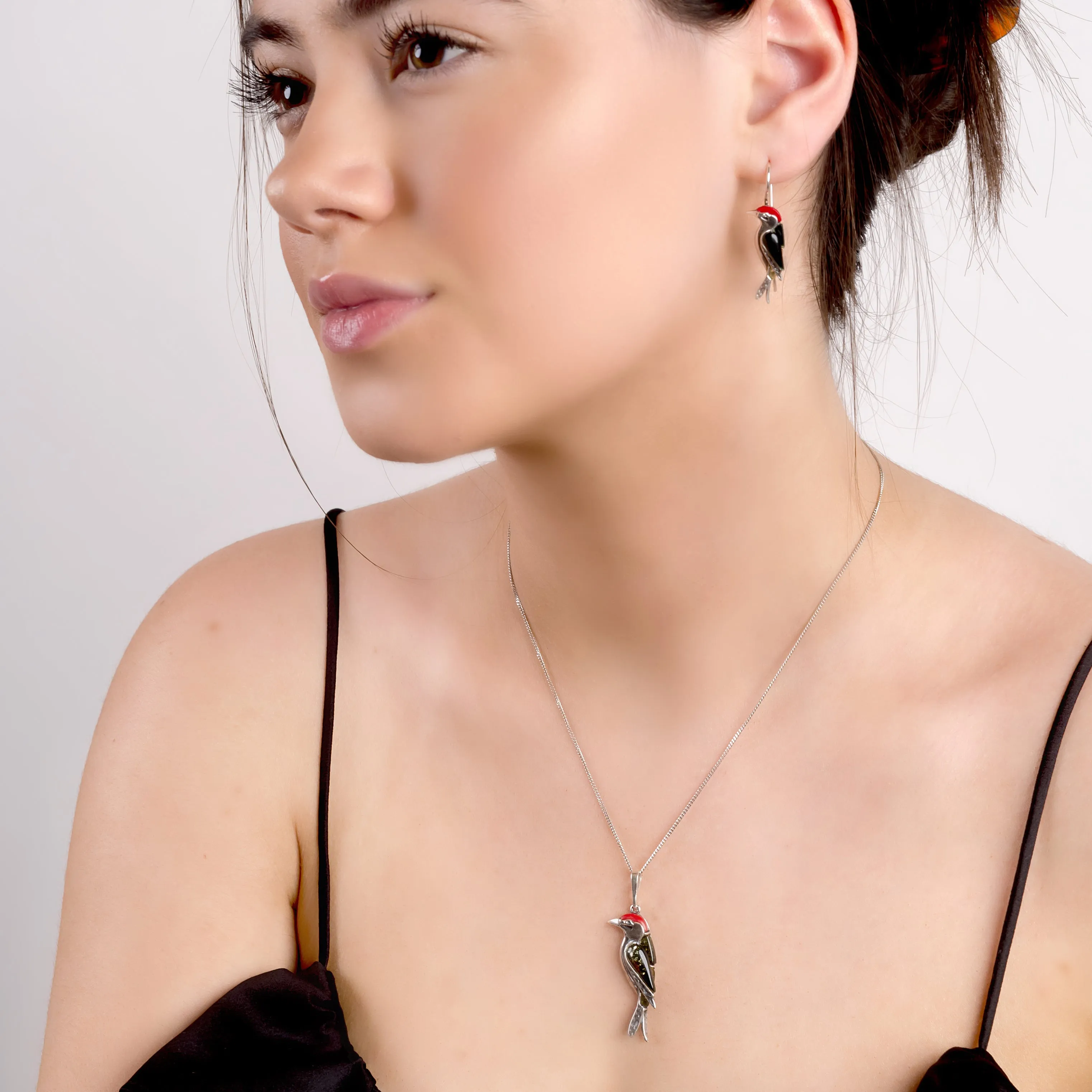 Small Woodpecker Bird Necklace in Silver, Coral and Amber sold by Henryka product image thumbnail 2