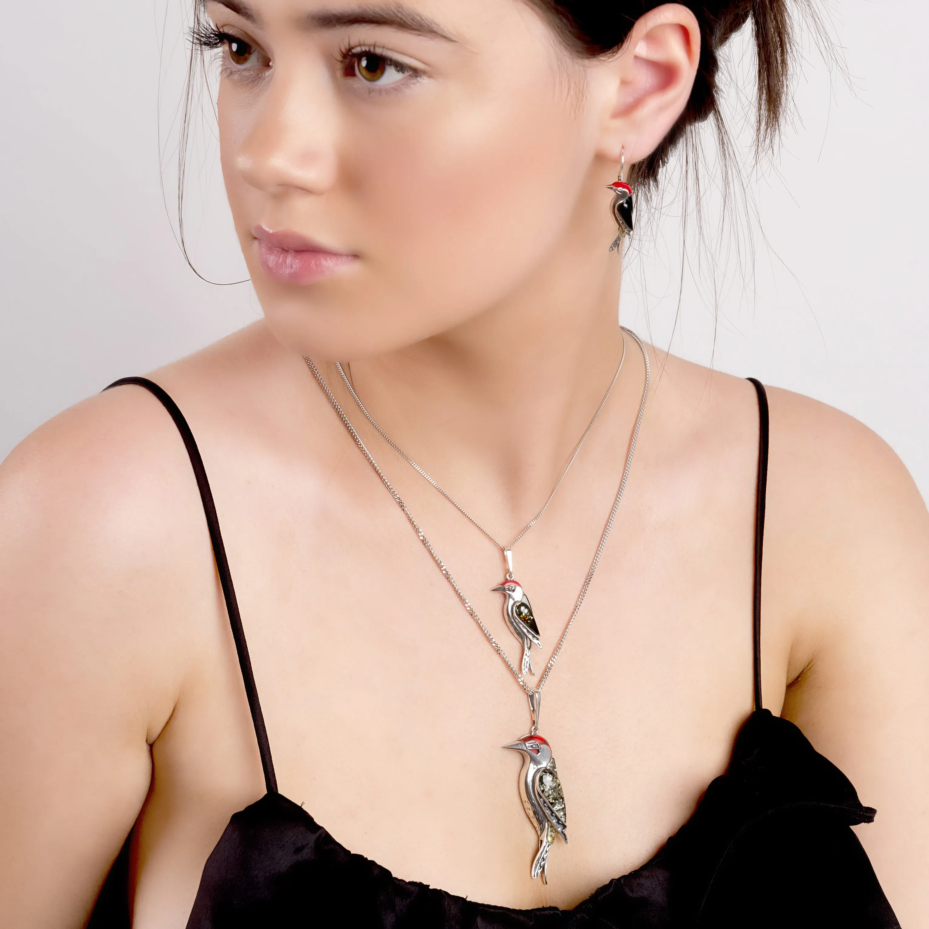 Small Woodpecker Bird Necklace in Silver, Coral and Amber sold by Henryka product image thumbnail 3