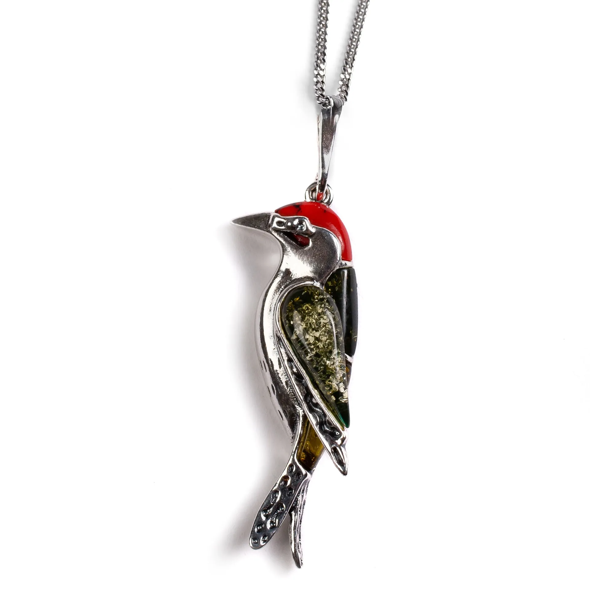 Small Woodpecker Bird Necklace in Silver, Coral and Amber sold by Henryka