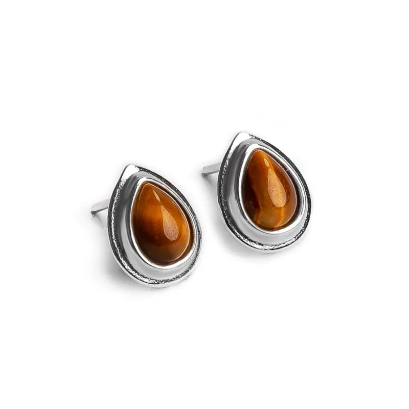 Classic Teardrop Stud Earrings in Silver and Tiger's Eye sold by Henryka