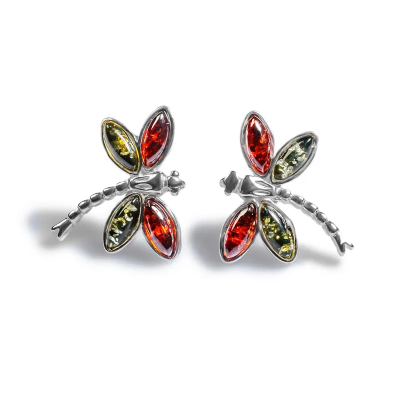 Pointed Dragonfly Stud Earrings in Silver and Cognac & Green Amber sold by Henryka