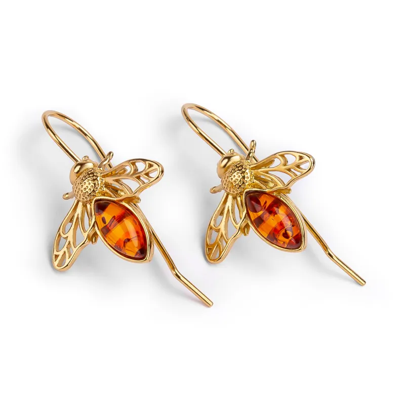Honey Bee Hook Earrings in Silver with 24ct Gold & Amber sold by Henryka