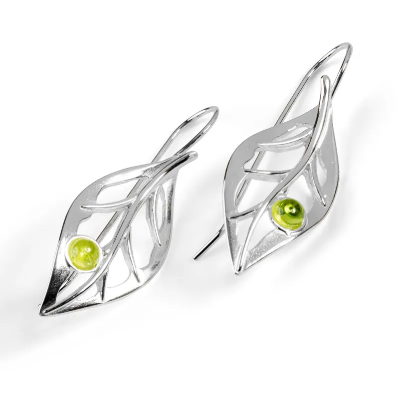 Charming Leaf Hook Earrings in Silver and Peridot sold by Henryka