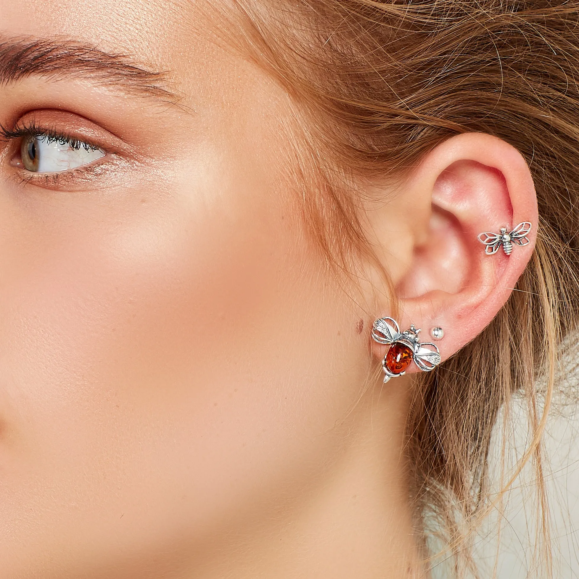 Bumblebee / Bumble Bee Stud Earrings in Silver and Amber sold by Henryka product image thumbnail 2