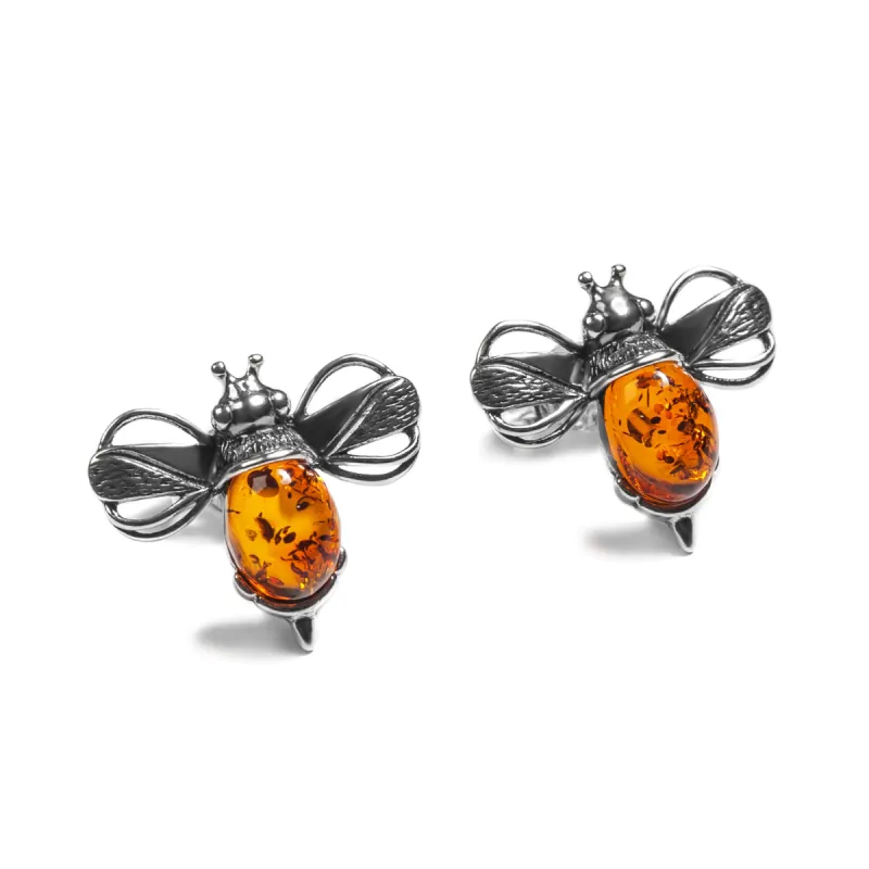 Bumblebee / Bumble Bee Stud Earrings in Silver and Amber sold by Henryka