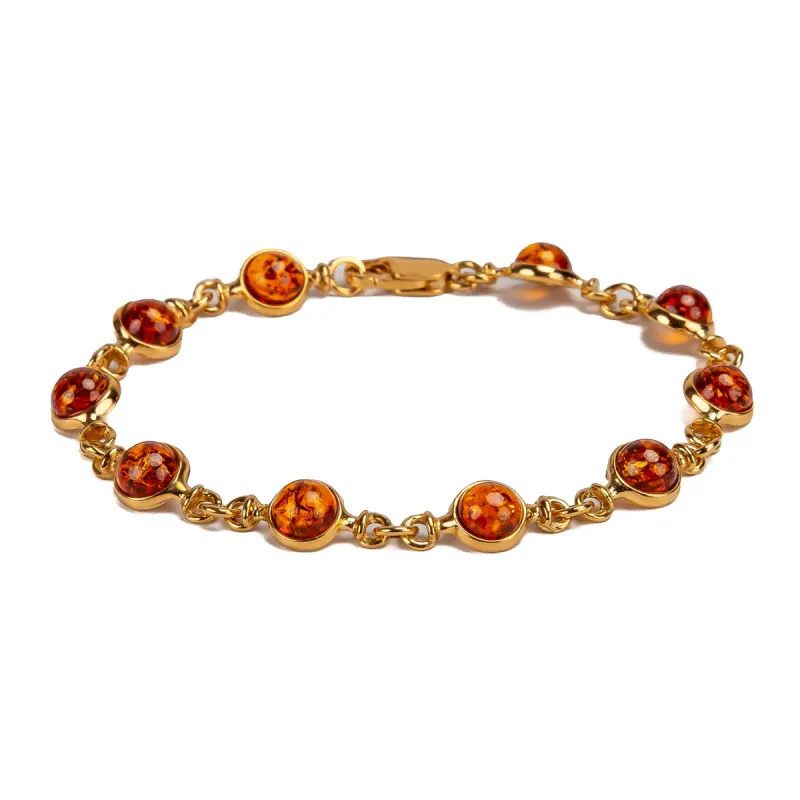Circle Link Bracelet in Silver with 24ct Gold and Cognac Amber sold by Henryka