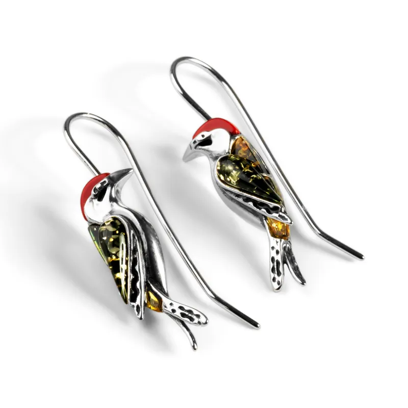 Green Woodpecker Bird Hook Earrings in Silver, Amber and Coral sold by Henryka