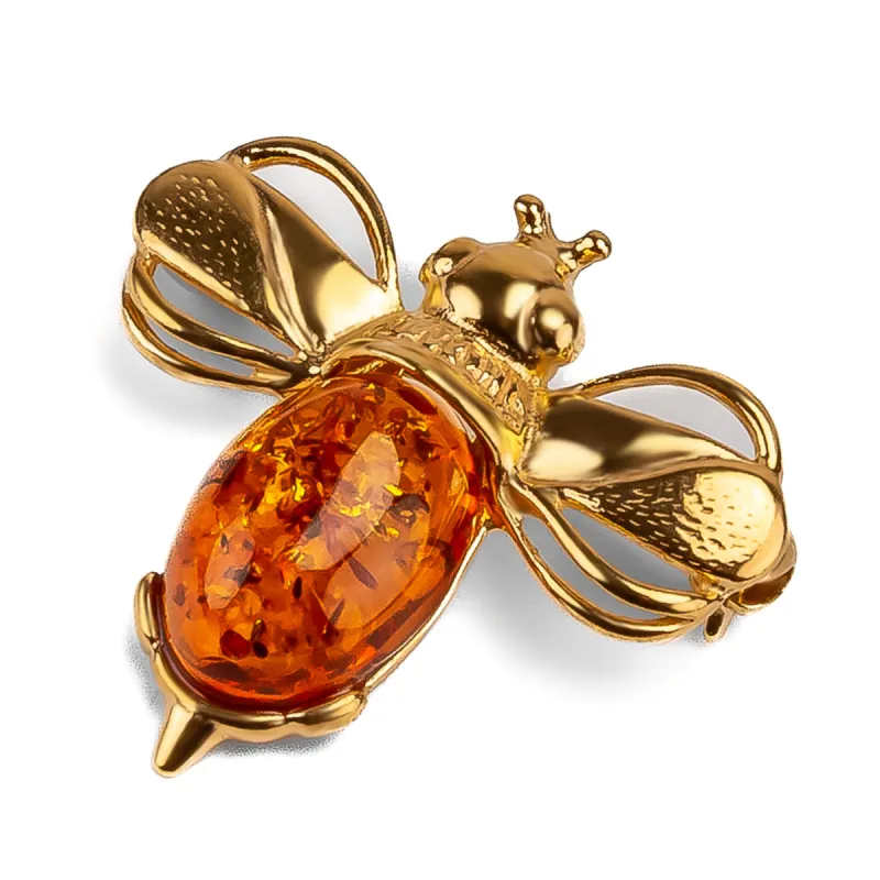 Bumble Bee / Bumblebee Brooch in Silver with 24ct Gold & Cognac Amber sold by Henryka