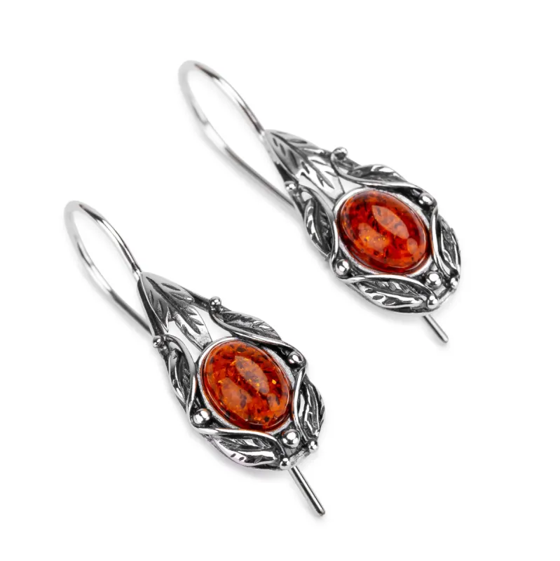Vintage Style Hook Earrings in Silver & Cognac Amber sold by Henryka
