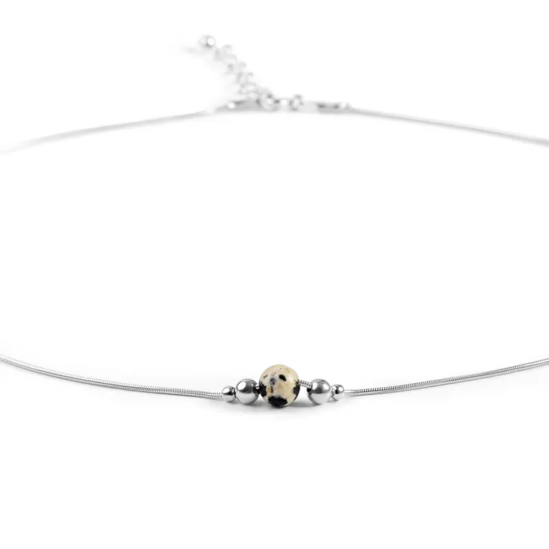 Delicate Single Stone Necklace in Silver and Dalmatian Jasper sold by Henryka