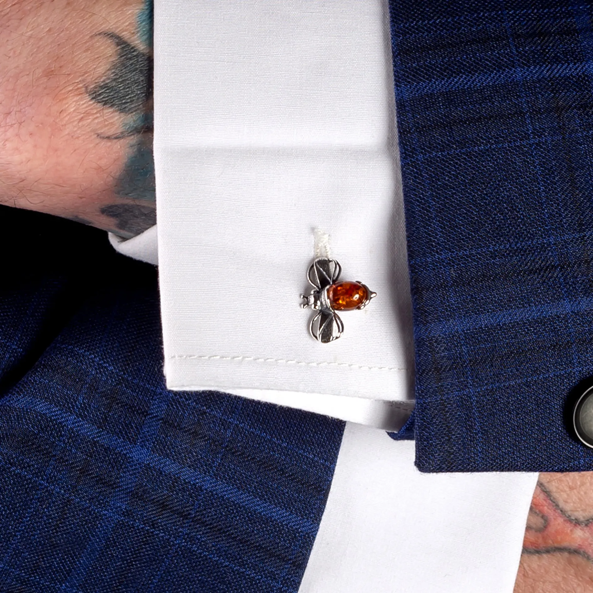 Bumble Bee / Bumblebee Cufflinks in Silver and Cognac Amber sold by Henryka product image thumbnail 3