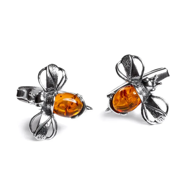 Bumble Bee / Bumblebee Cufflinks in Silver and Cognac Amber sold by Henryka