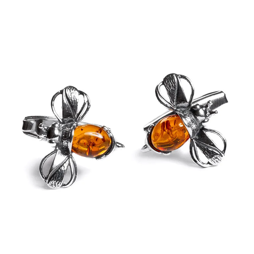 Bumble Bee / Bumblebee Cufflinks in Silver and Cognac Amber sold by Henryka