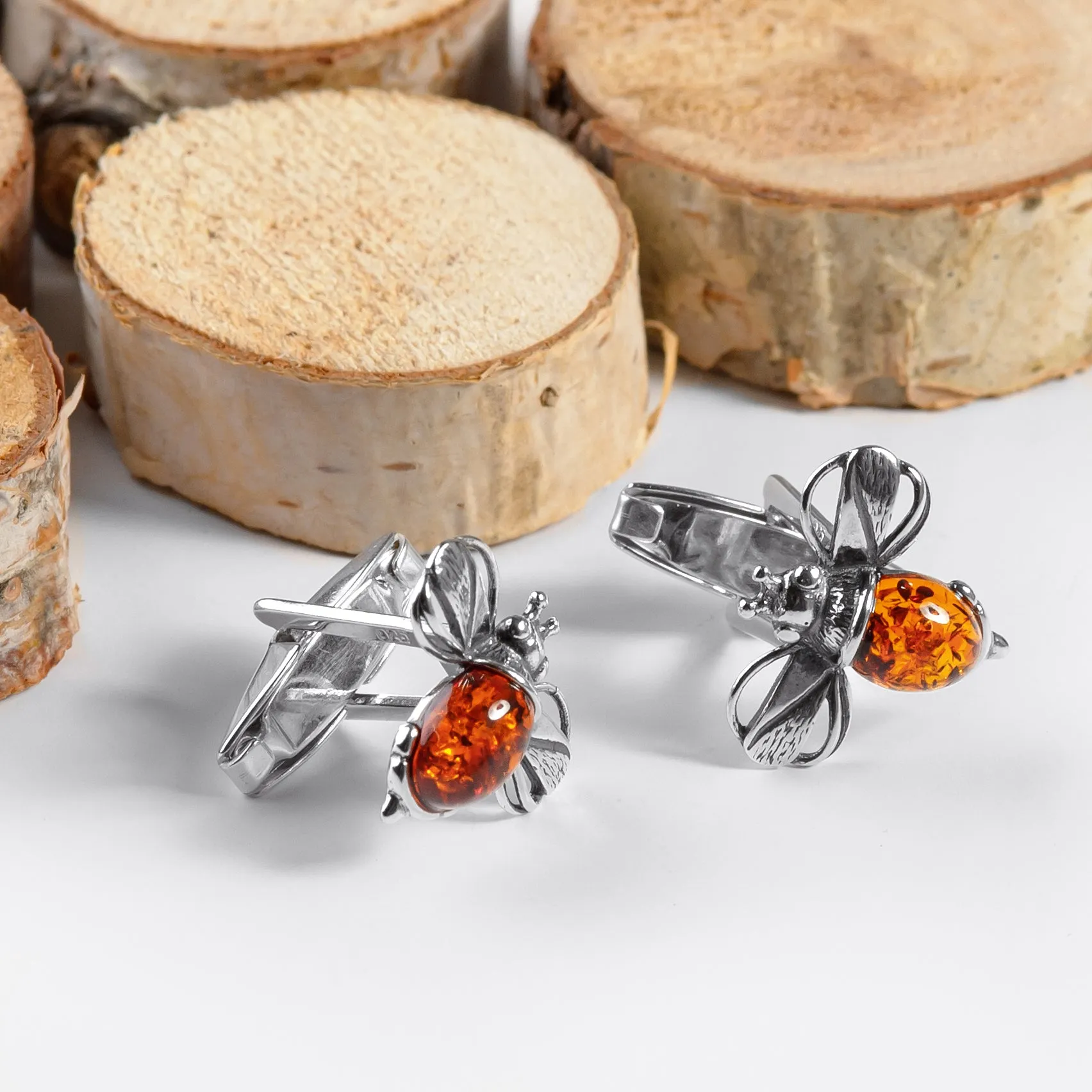 Bumble Bee / Bumblebee Cufflinks in Silver and Cognac Amber sold by Henryka product image thumbnail 4