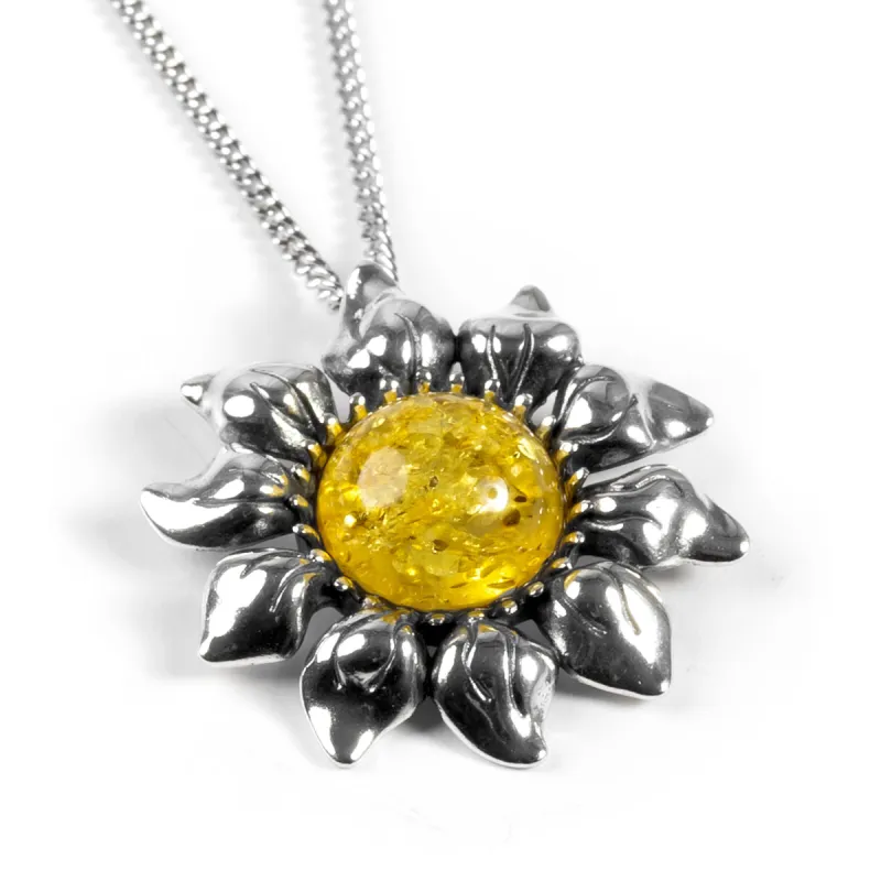 Blooming Sunflower Necklace in Silver and Yellow Amber sold by Henryka