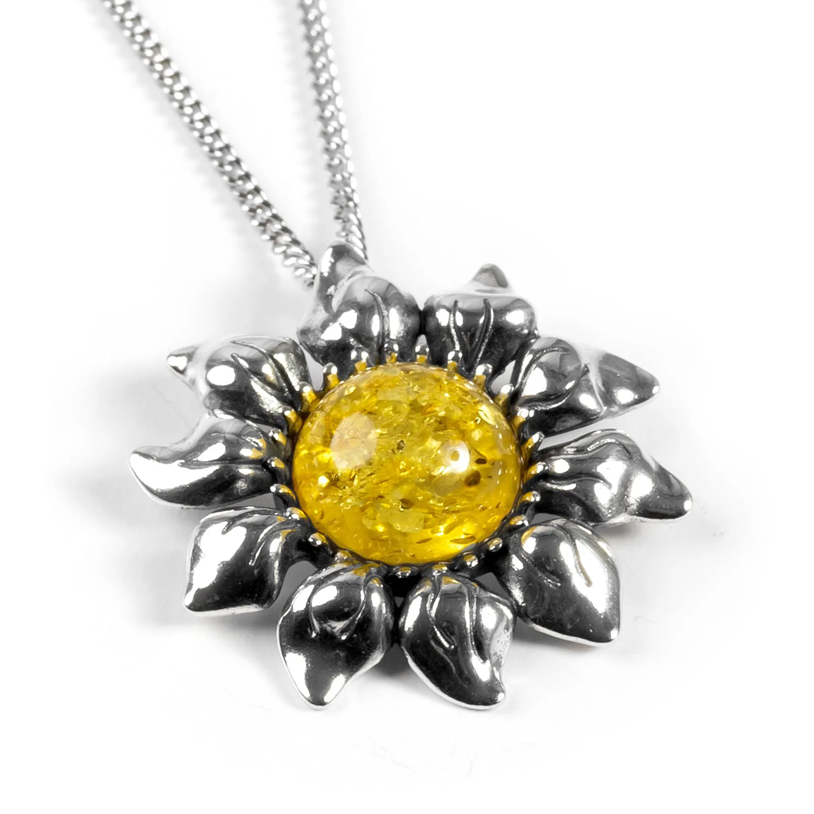 Blooming Sunflower Necklace in Silver and Yellow Amber sold by Henryka