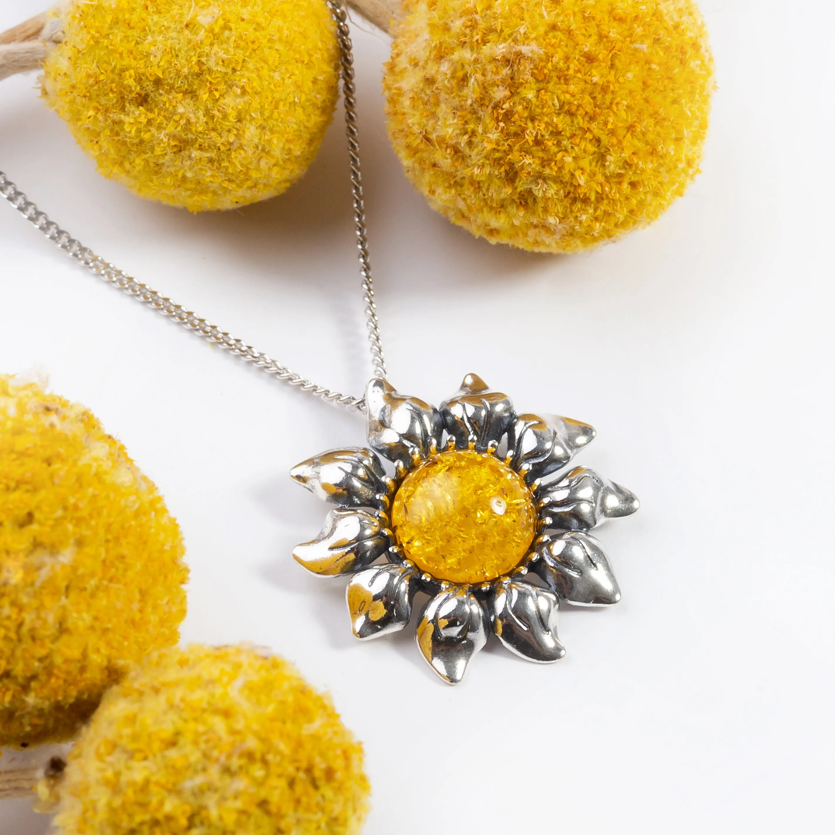 Blooming Sunflower Necklace in Silver and Yellow Amber sold by Henryka product image thumbnail 4