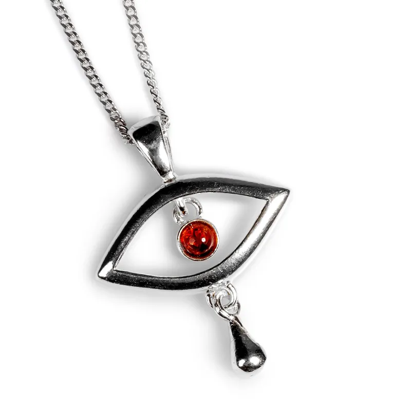Evil Eye Drop Necklace in Silver and Amber sold by Henryka
