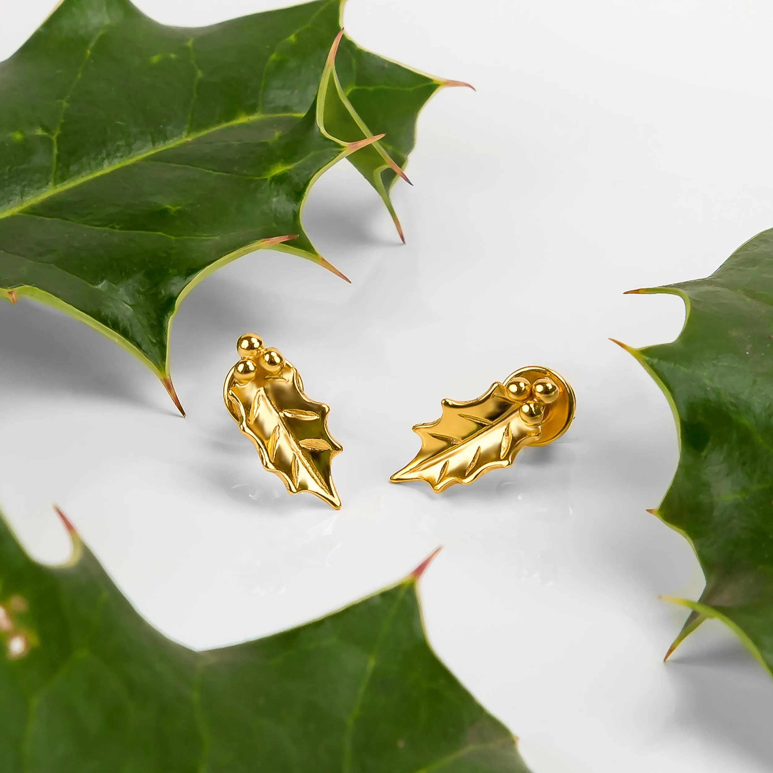 Holly Leaf Stud Earrings in Silver with 24ct Gold sold by Henryka product image thumbnail 5