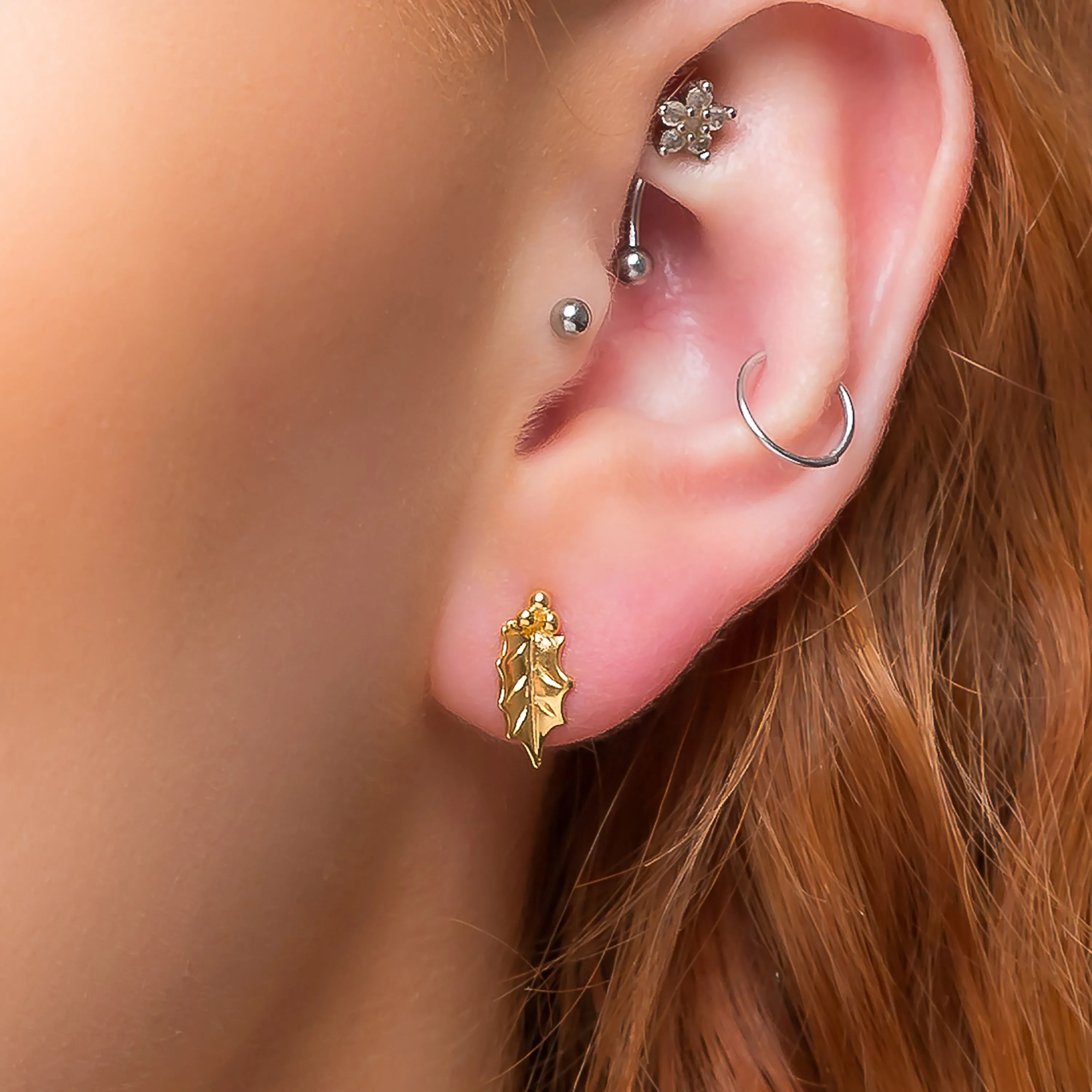 Holly Leaf Stud Earrings in Silver with 24ct Gold sold by Henryka product image thumbnail 2