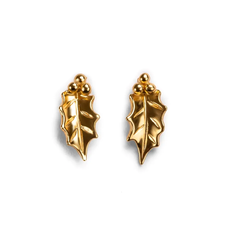 Holly Leaf Stud Earrings in Silver with 24ct Gold made by Henryka