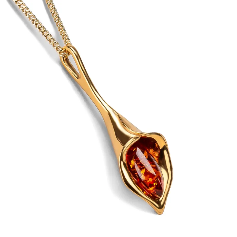 Lily Flower Necklace in Silver with 24ct Gold and Amber sold by Henryka