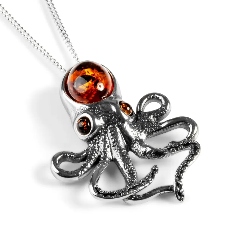 Statement Silver Octopus Necklace with Amber sold by Henryka