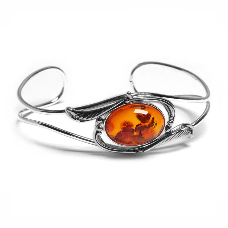 Feather Design Bangle in Silver and Cognac Amber sold by Henryka