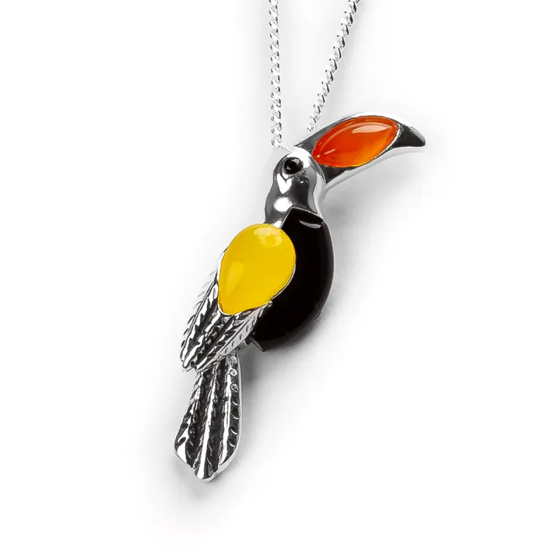 Toucan Bird Necklace in Silver with Carnelian, Yellow Onyx & Onyx sold by Henryka