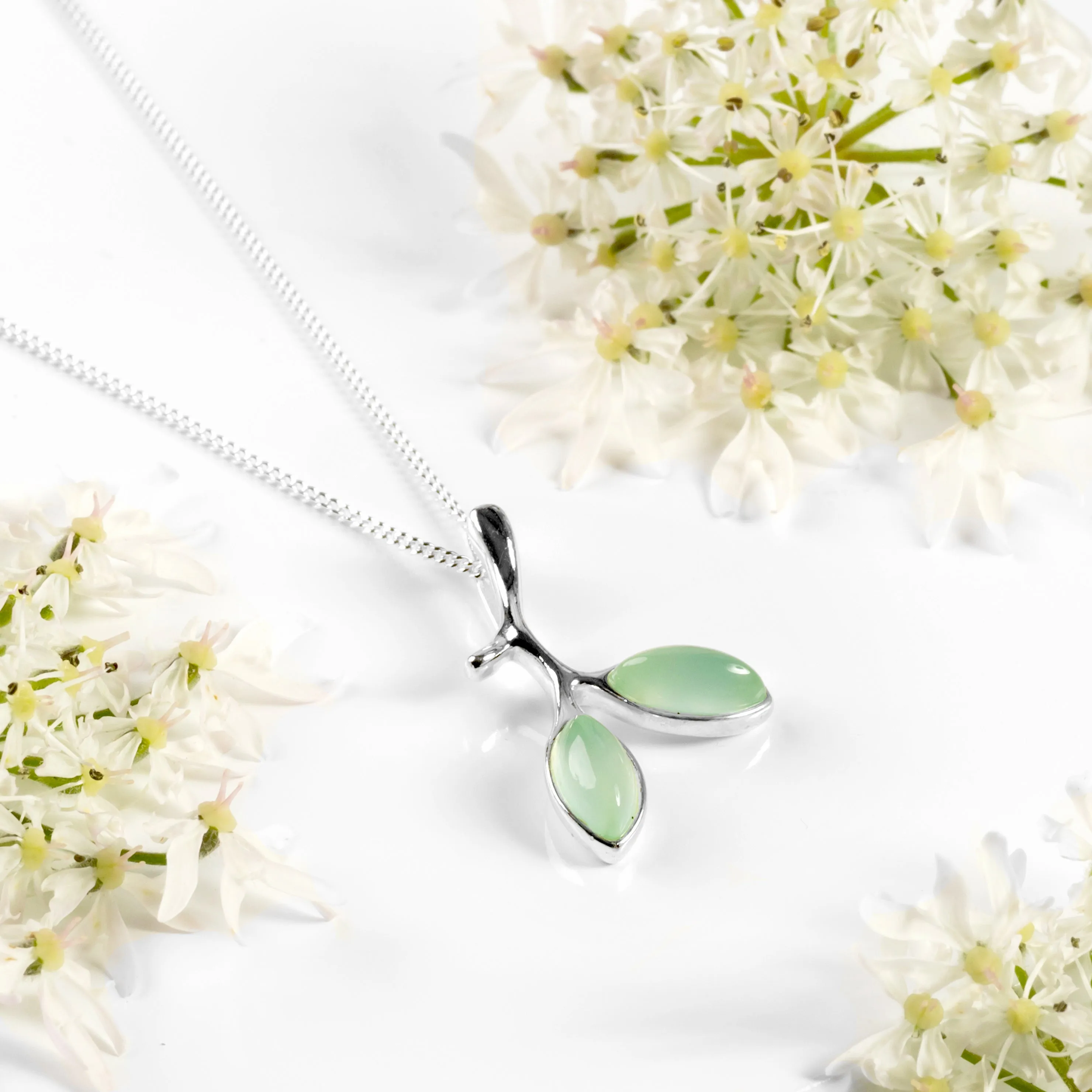 Simple Olive Leaf Branch Necklace in Silver and Prehnite sold by Henryka product image thumbnail 5