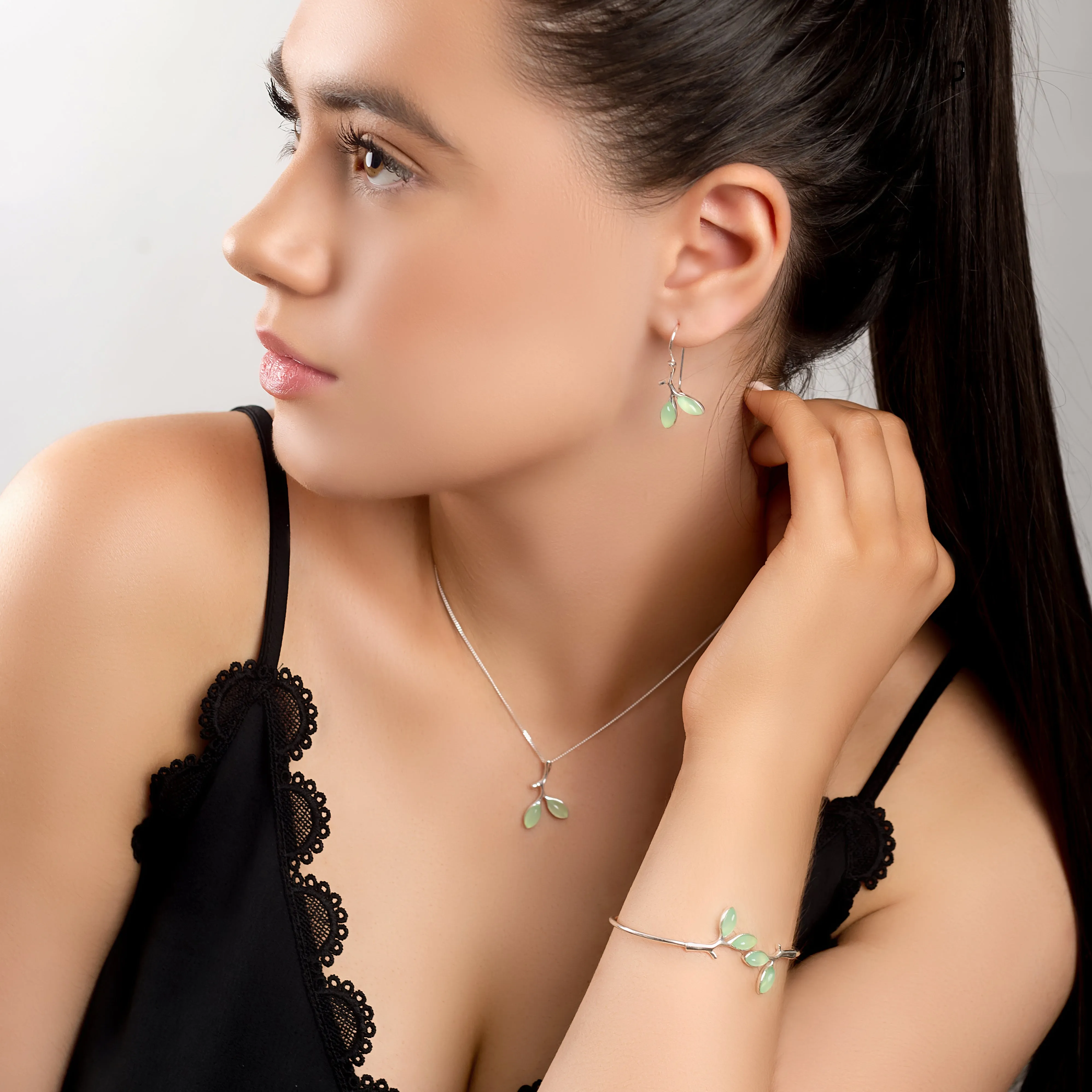 Simple Olive Leaf Branch Necklace in Silver and Prehnite sold by Henryka product image thumbnail 4