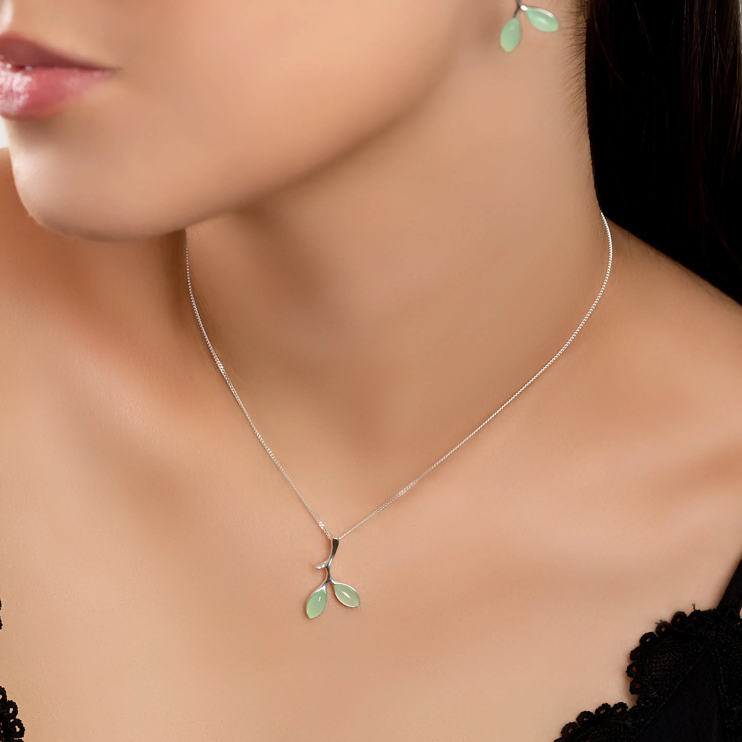 Simple Olive Leaf Branch Necklace in Silver and Prehnite sold by Henryka product image thumbnail 2