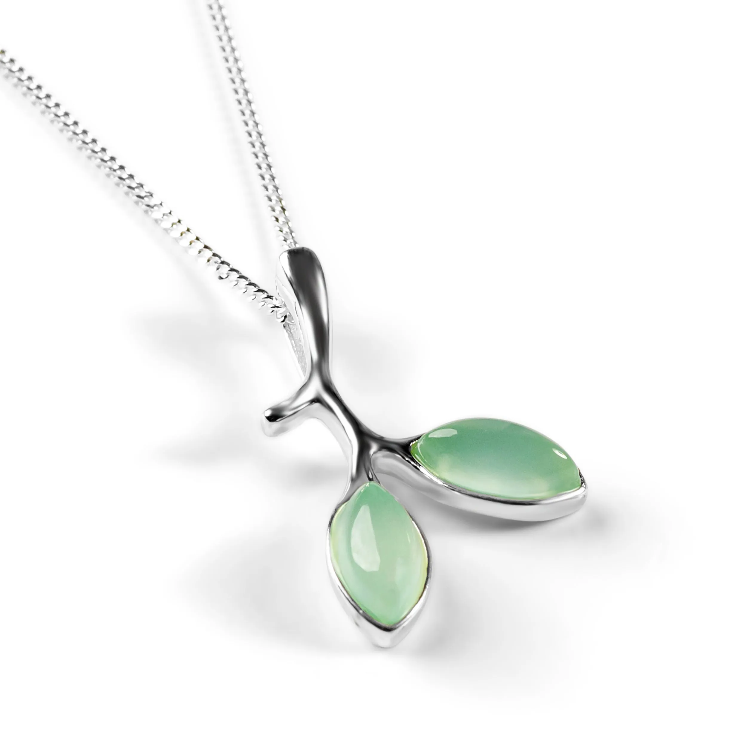 Simple Olive Leaf Branch Necklace in Silver and Prehnite sold by Henryka
