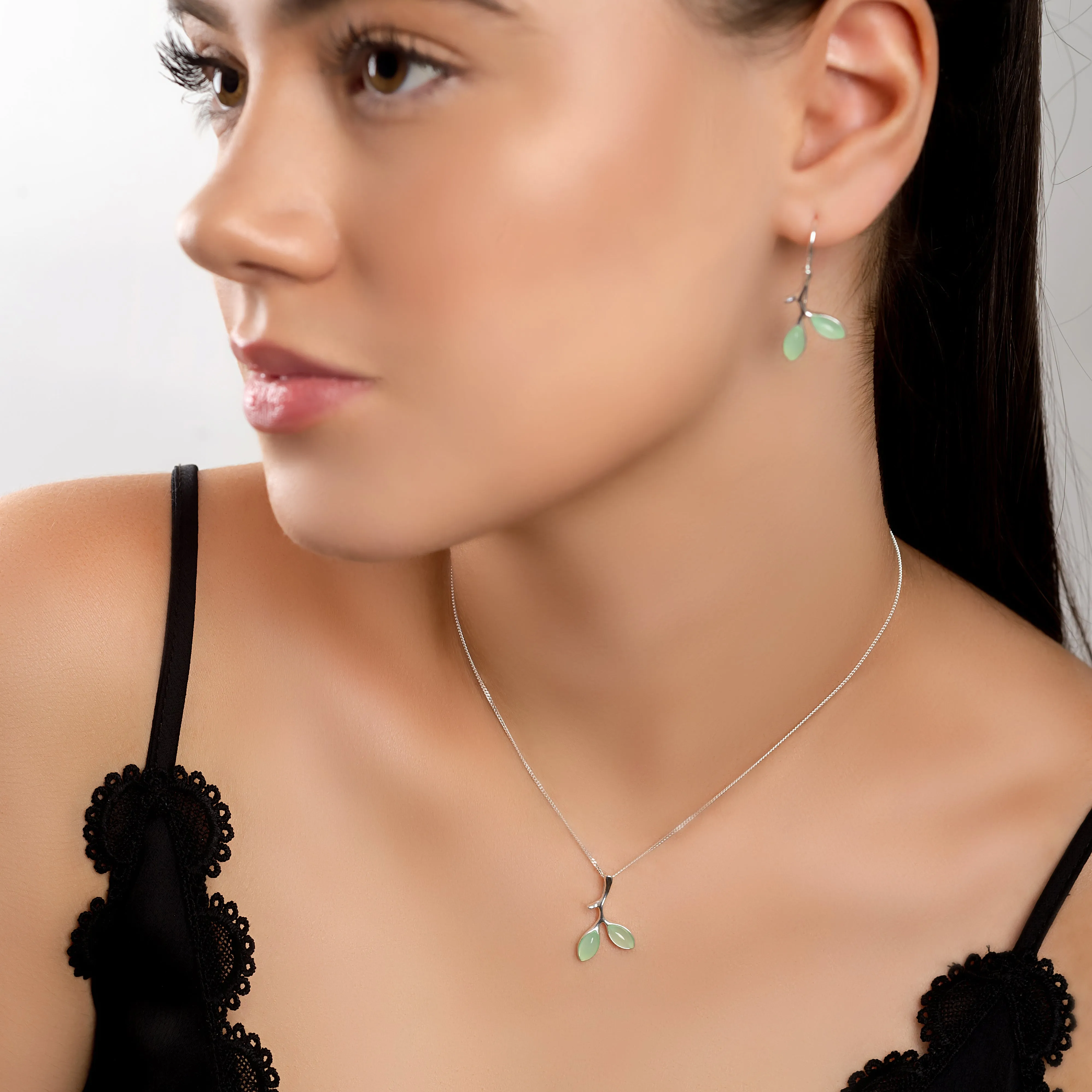 Simple Olive Leaf Branch Necklace in Silver and Prehnite sold by Henryka product image thumbnail 3
