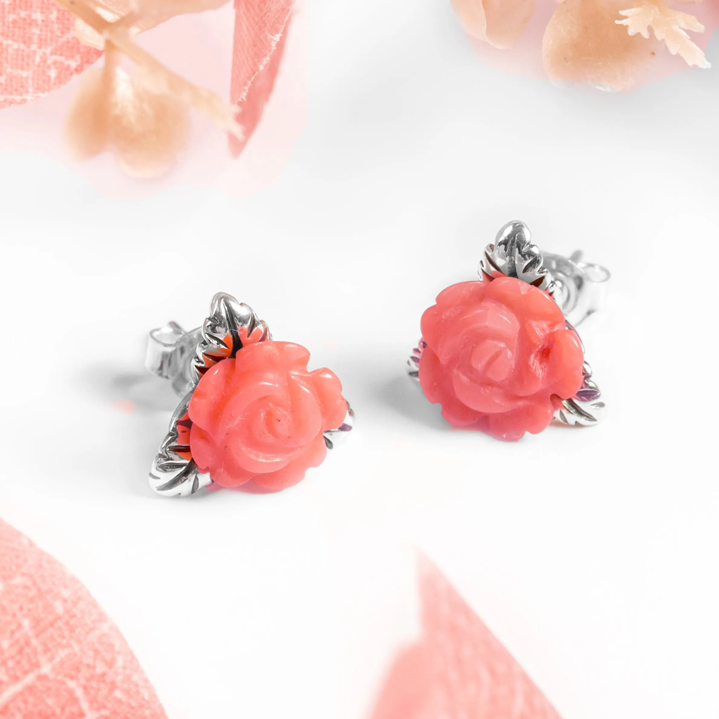 Rose Stud Earrings in Silver and Coral sold by Henryka product image thumbnail 5