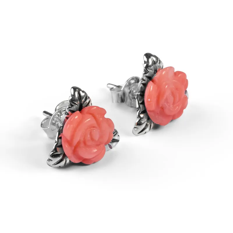 Rose Stud Earrings in Silver and Coral sold by Henryka