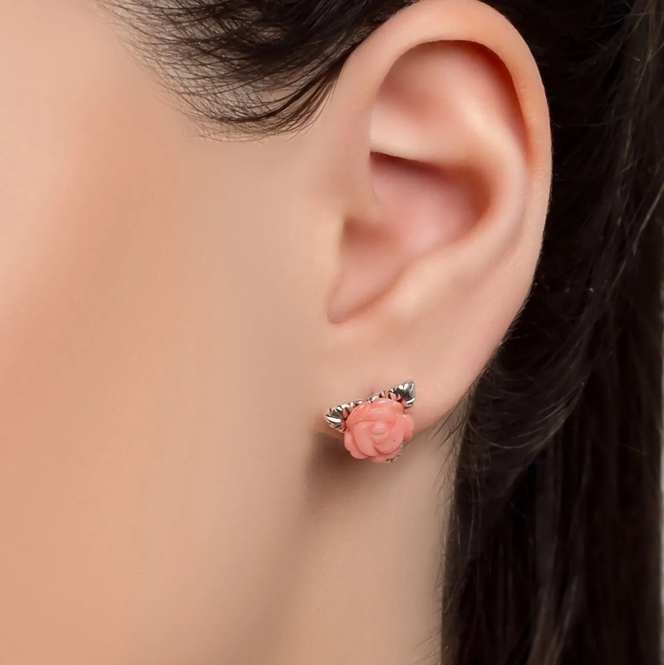 Rose Stud Earrings in Silver and Coral sold by Henryka product image thumbnail 2
