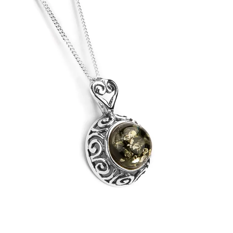 Vintage Inspired Round Necklace in Silver & Green Amber sold by Henryka