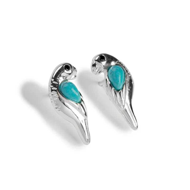 Parrot Stud Earrings in Silver and Turquoise sold by Henryka