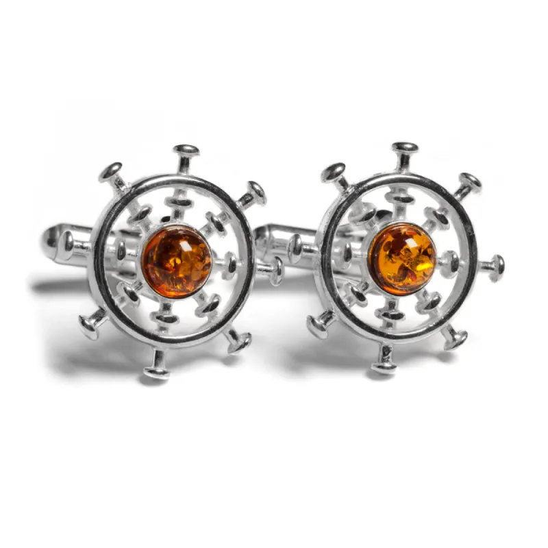 Ship Wheel Cufflinks in Silver and Amber sold by Henryka