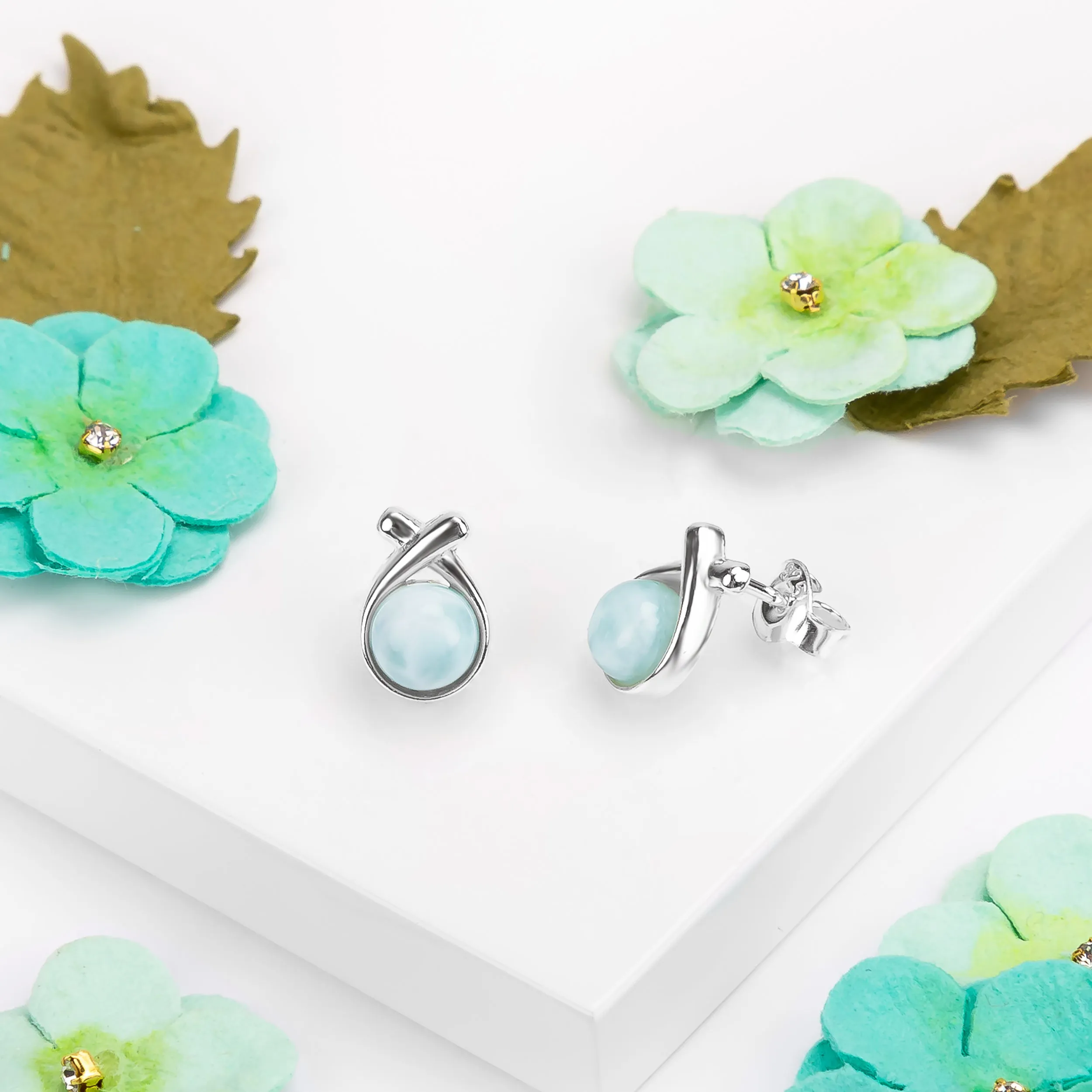 Sealed With A Kiss Stud Earrings in Silver and Larimar sold by Henryka product image thumbnail 5