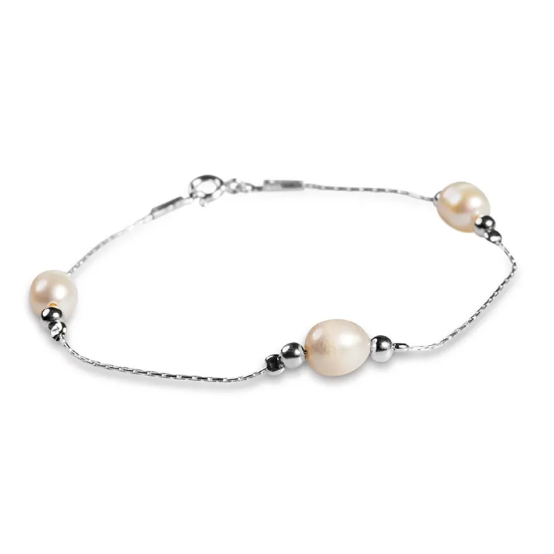 3 Stone Bead Bracelet in Silver & Pearl sold by Henryka